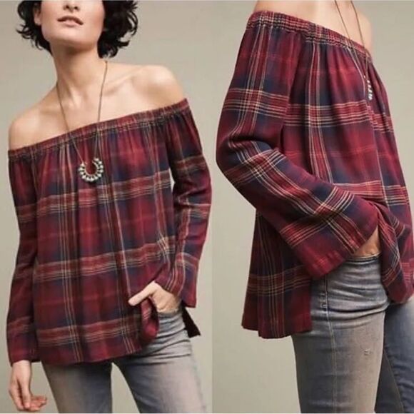 Anthropologie Cloth & Stone Homestead Plaid Off the Shoulder Top Small Burgundy - Picture 1 of 9